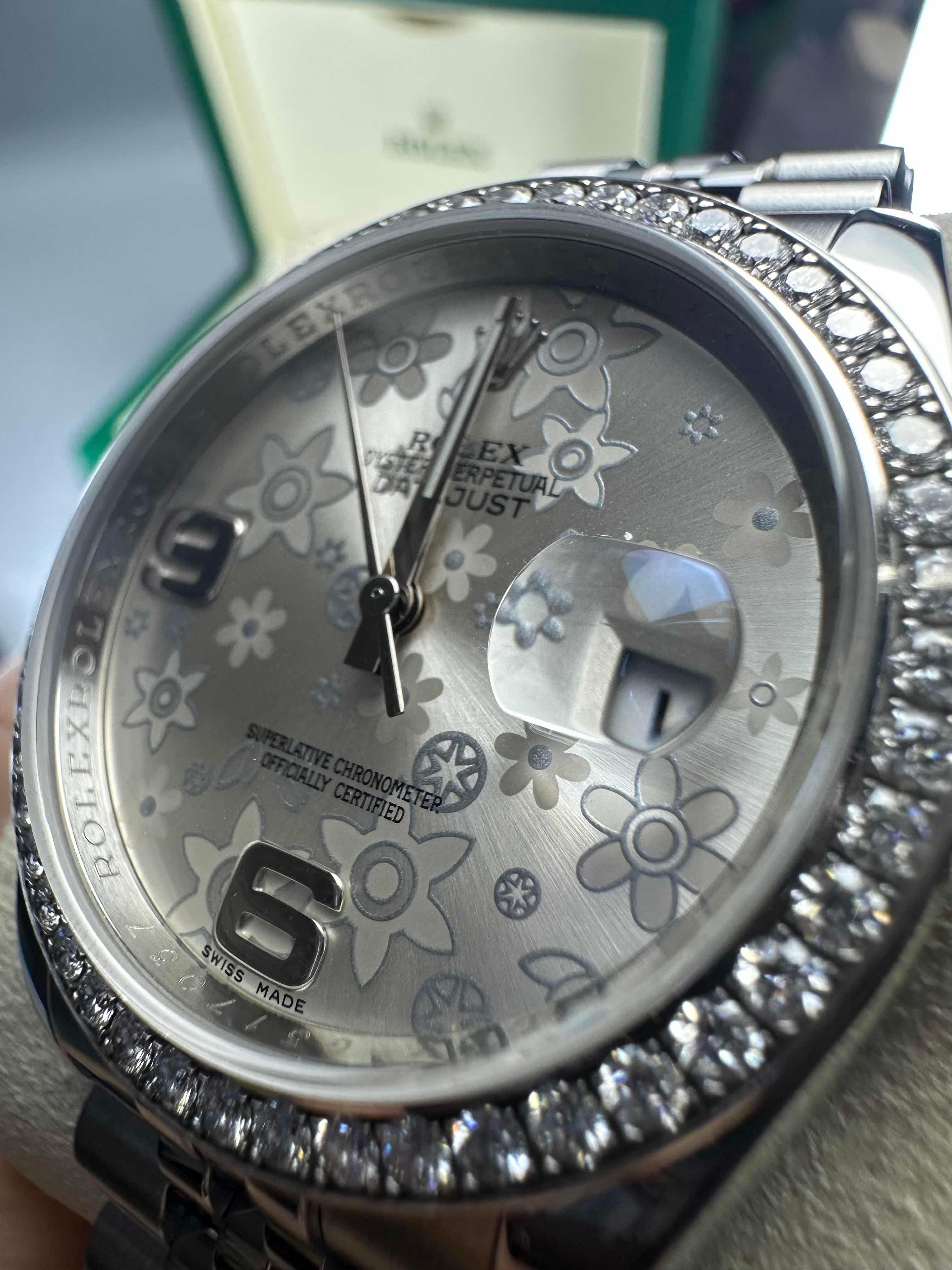 Rolex Datejust Silver Floral Factory Diamonds Bezel 💠