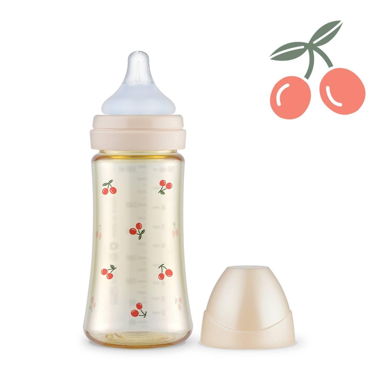 Grosmimi PPSU Milk Bottle Single Pack - Cherry Pattern (Cap PureGold, Cap RoseGold)