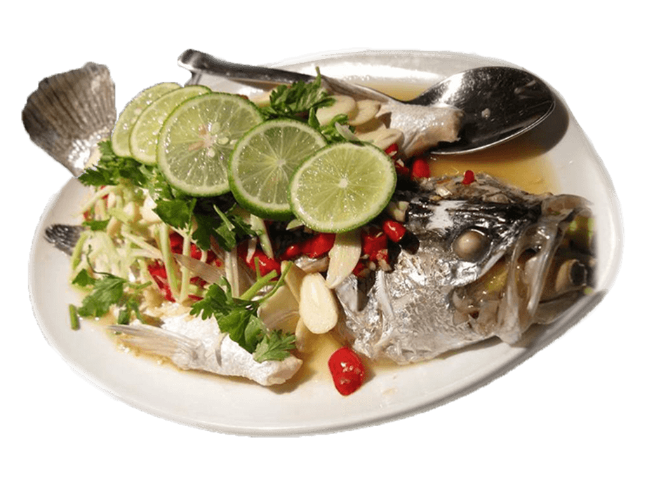 ត្រីស្ពង់ចំហុយក្រូចឆ្មារ ឬខ្ញី Steamed Seabass with Lime or Ginger