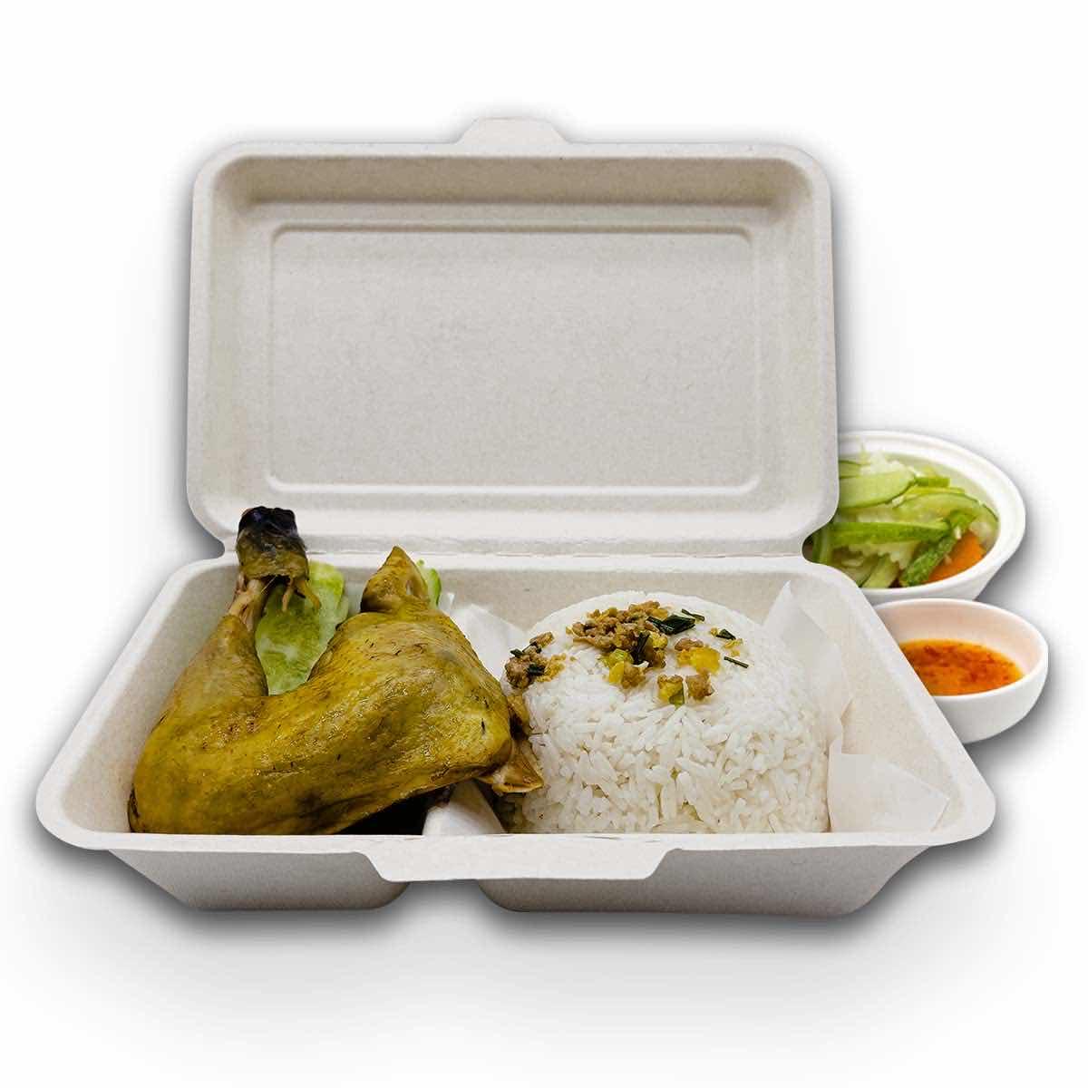 បាយសភ្លៅមាន់ចំហ៊ុយ (White Rice with Steamed Chicken Leg)